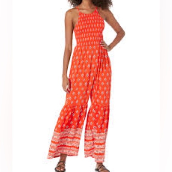Angie Boho Smocked Top Flared Pant Jumpsuit Sz S - Picture 1 of 9